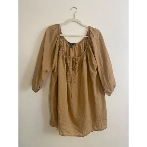 Lauren Ralph Lauren 100% Linen Beige Embroidered Peasant Boho Tunic Top Size 2X - Picture 1 of 6